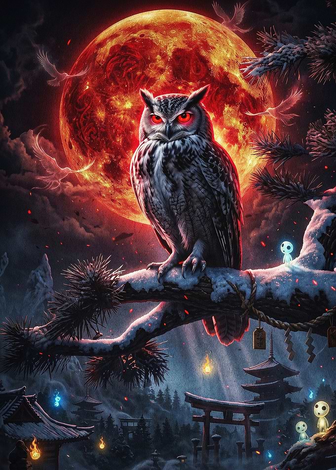 Owl Red Moon Fantasy Art Poster