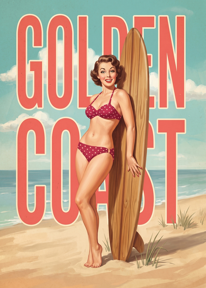 Vintage California Golden Coast Surf Poster - Pin Up Girl Beach Art Print
