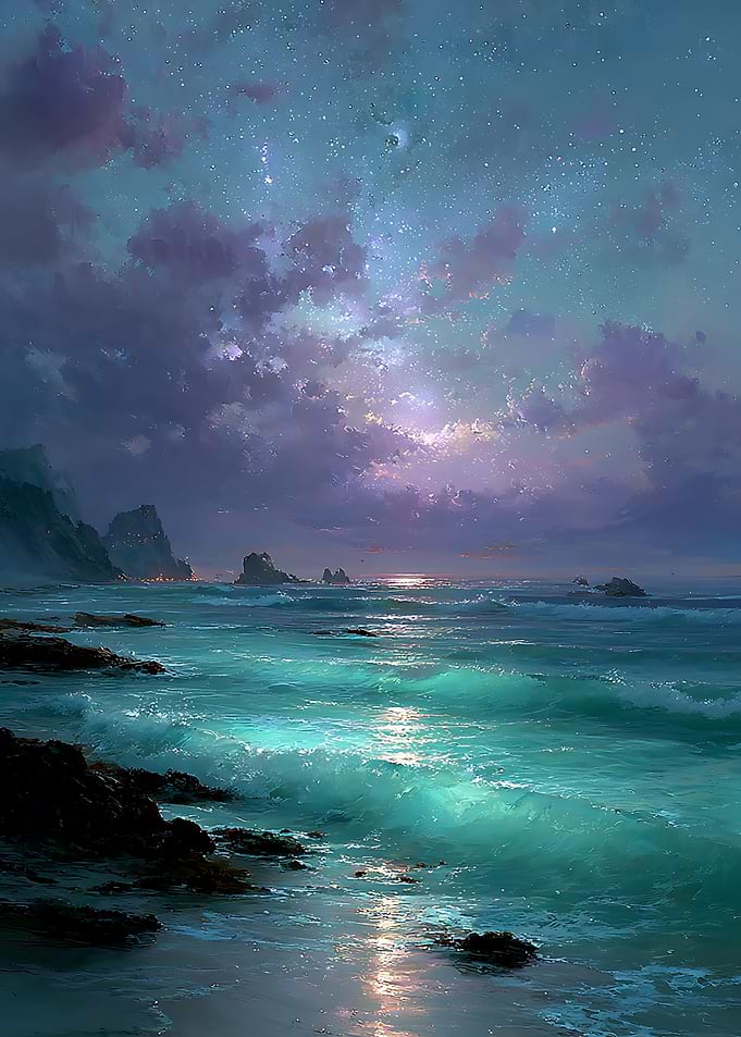 Ethereal Night Ocean Shoreline