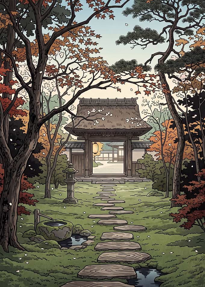 Ukiyo-e Moss Garden Gate After Rain