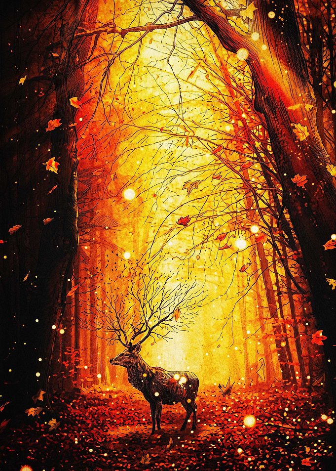 Deer Forest Autumn Gold Art Poster