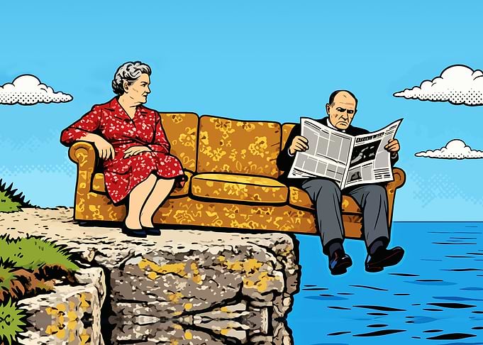 Elderly Couple on Cliffside Sofa