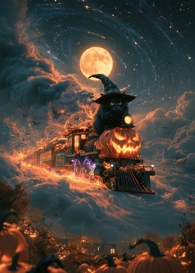 Halloween Cat Witch Train Fantasy Art
