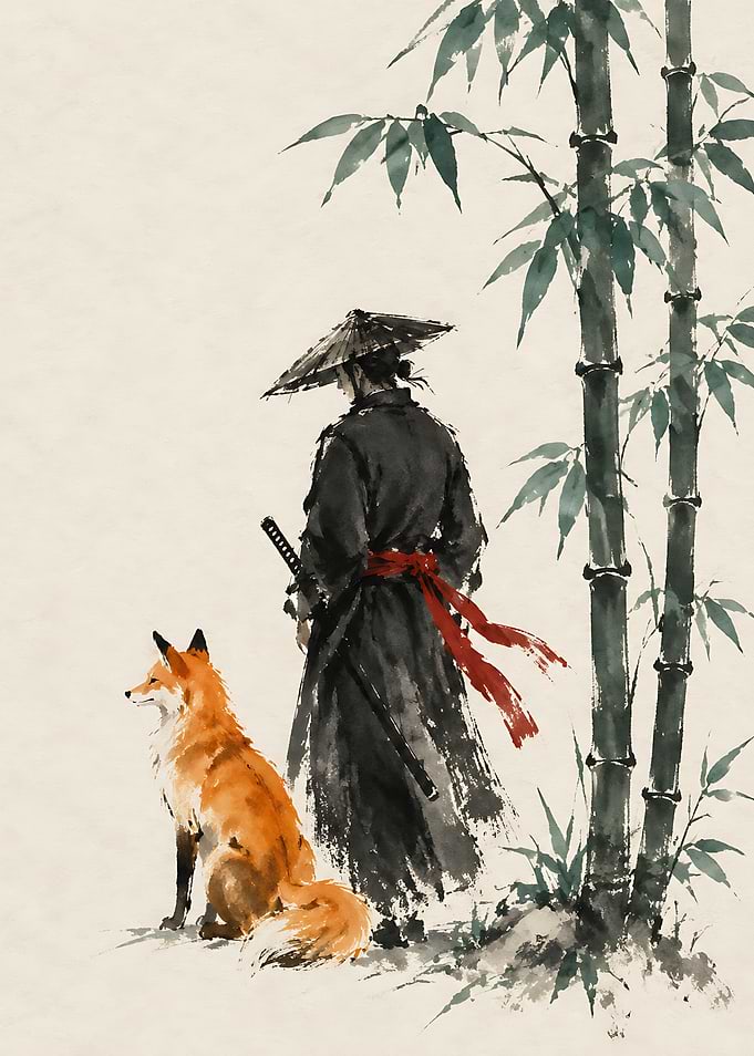 Samurai and Fox in Bamboo Forest