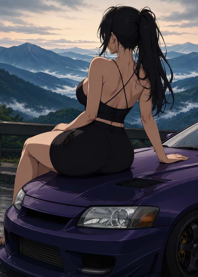 Anime Girl Sitting on Purple Car