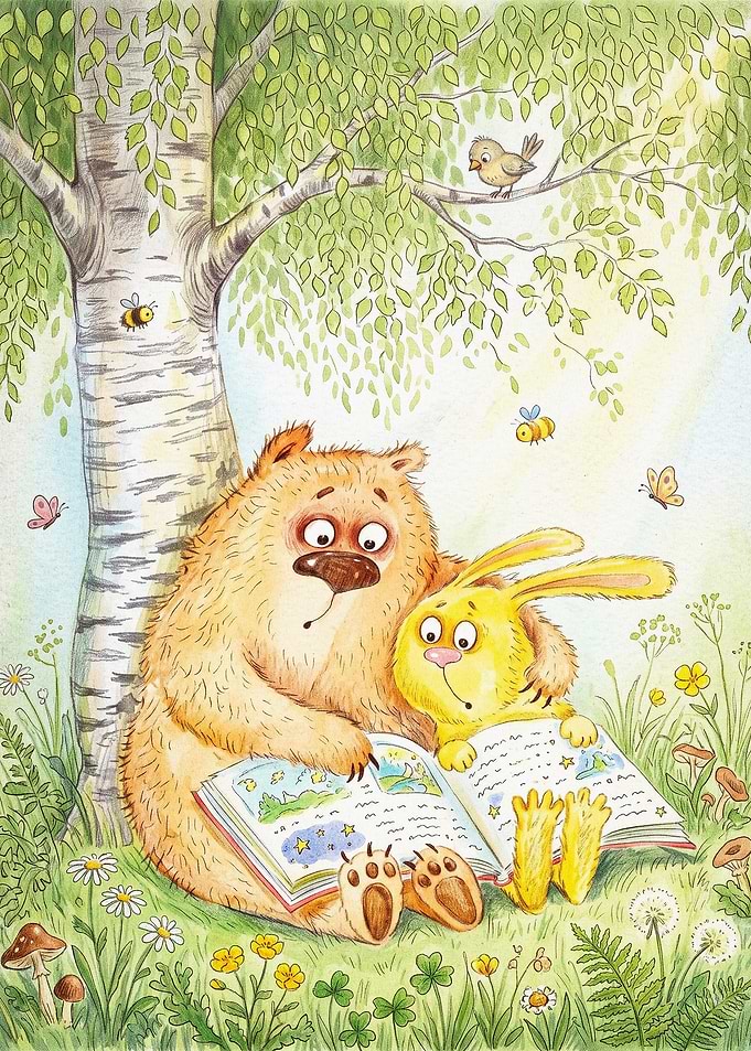 Bear Bunny Reading Watercolor Art