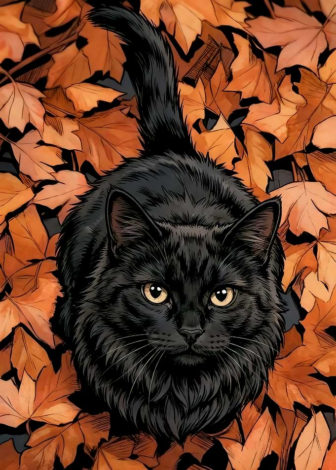 Black Cat in Autumn Leaves