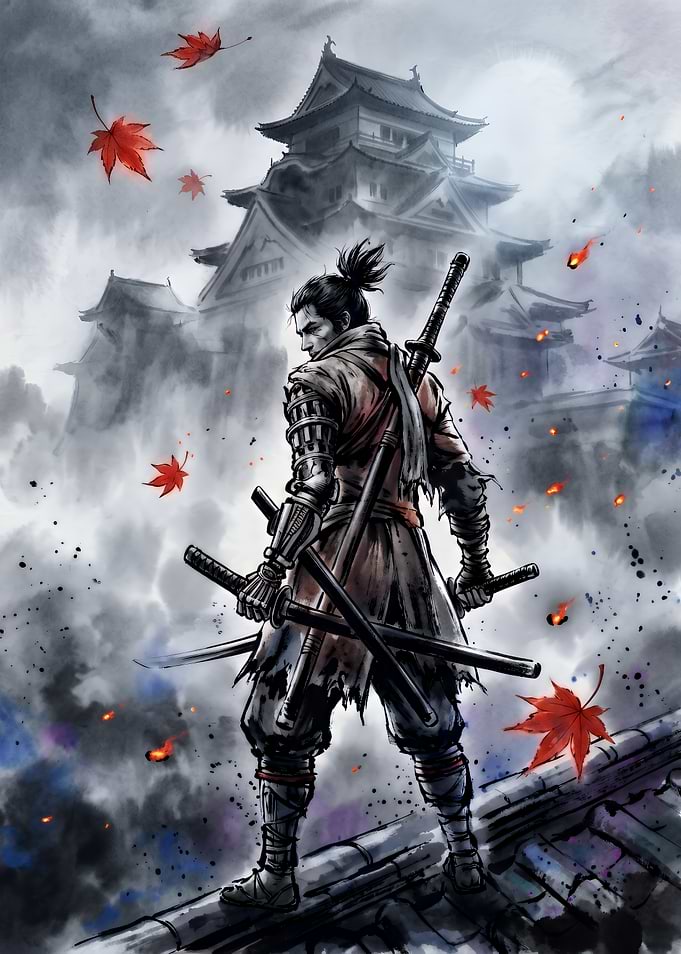 Samurai Warrior Standing Before Japanese Castle