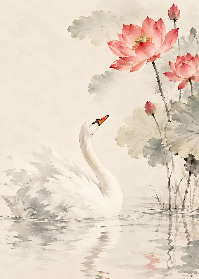Elegant White Swan and Lotus Flowers