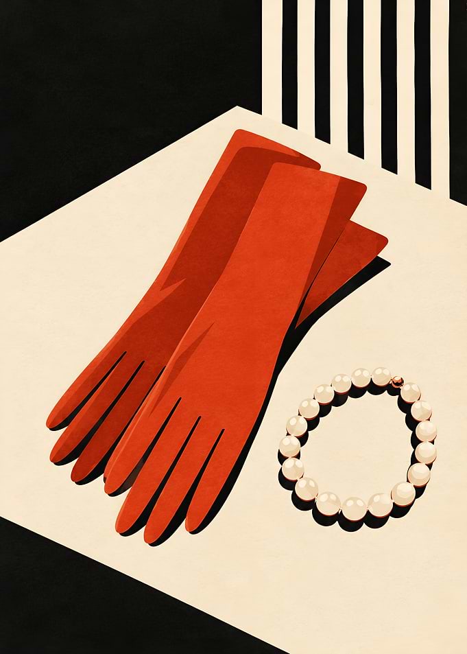 Vintage Fashion Art Red Gloves and Pearl Necklace