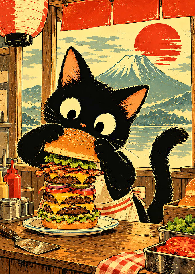 Black Cat Eating Giant Burger