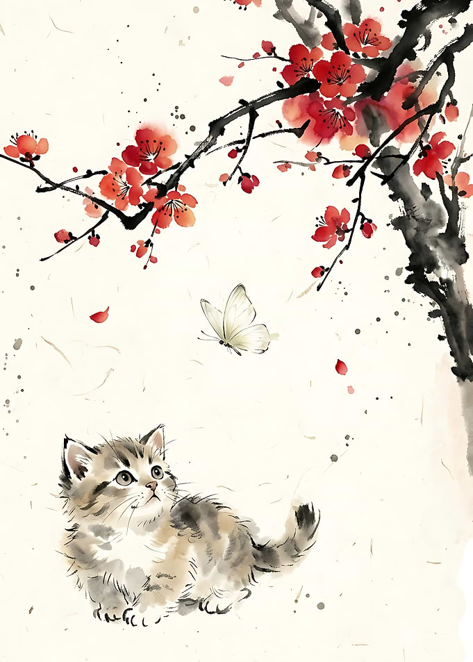 Kitten Watching Butterfly Under Plum Blossoms