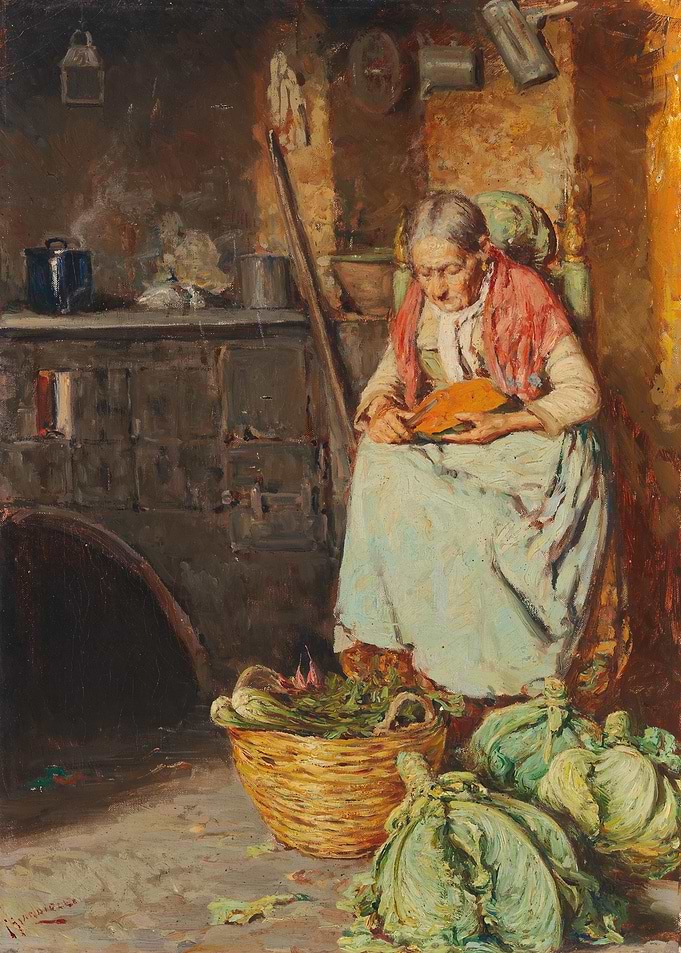 Elderly Woman Preparing Vegetables Painting