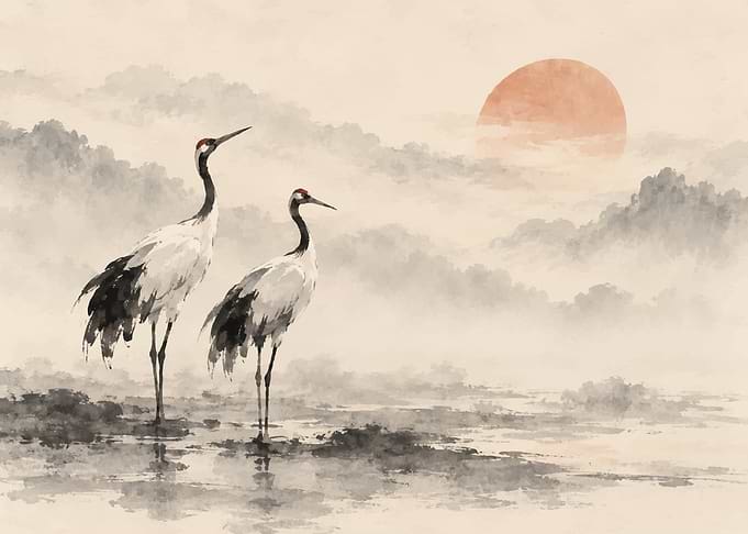 Two Cranes in Misty Landscape