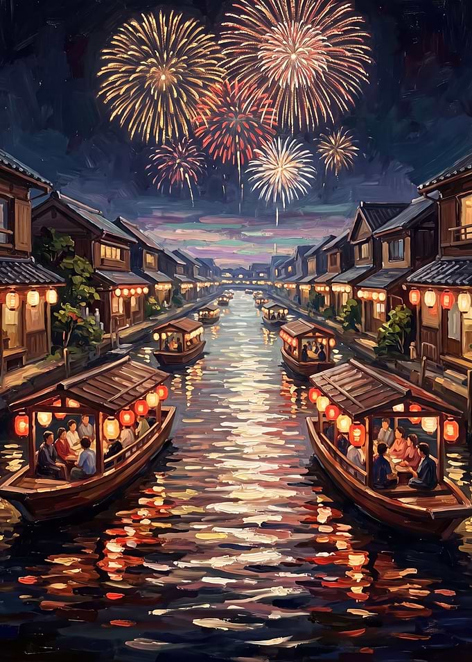 Oil Painting Fireworks over the Canal Town