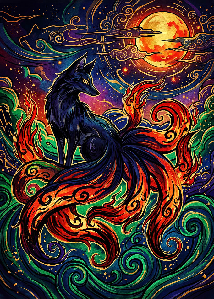Nine-Tailed Fox Under Full Moon