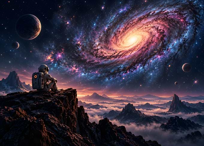 Astronaut Gazing At Spiral Galaxy