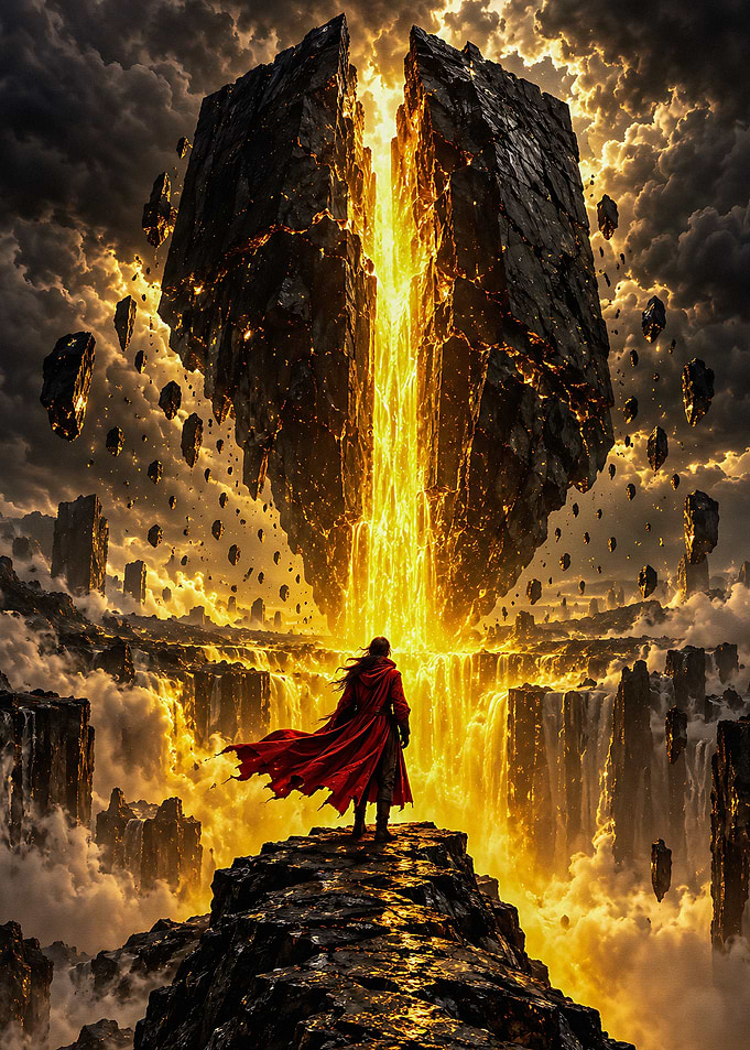Warrior Facing a Golden Celestial Rift