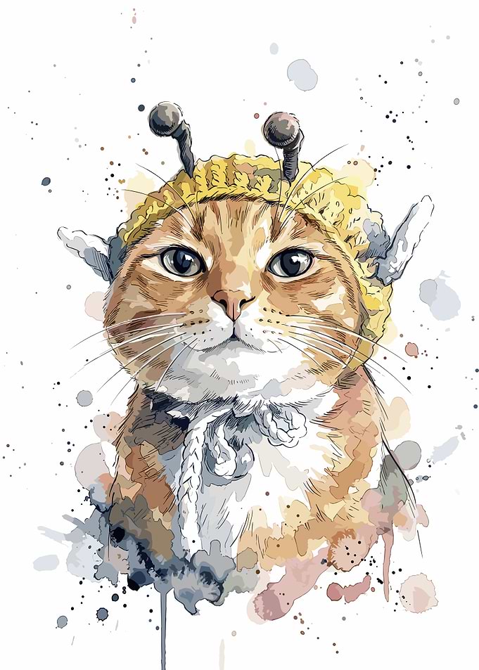 Watercolor Cat Wearing Bee Hat