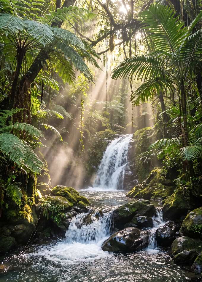 Sunlit Tropical Waterfall in Rainforest