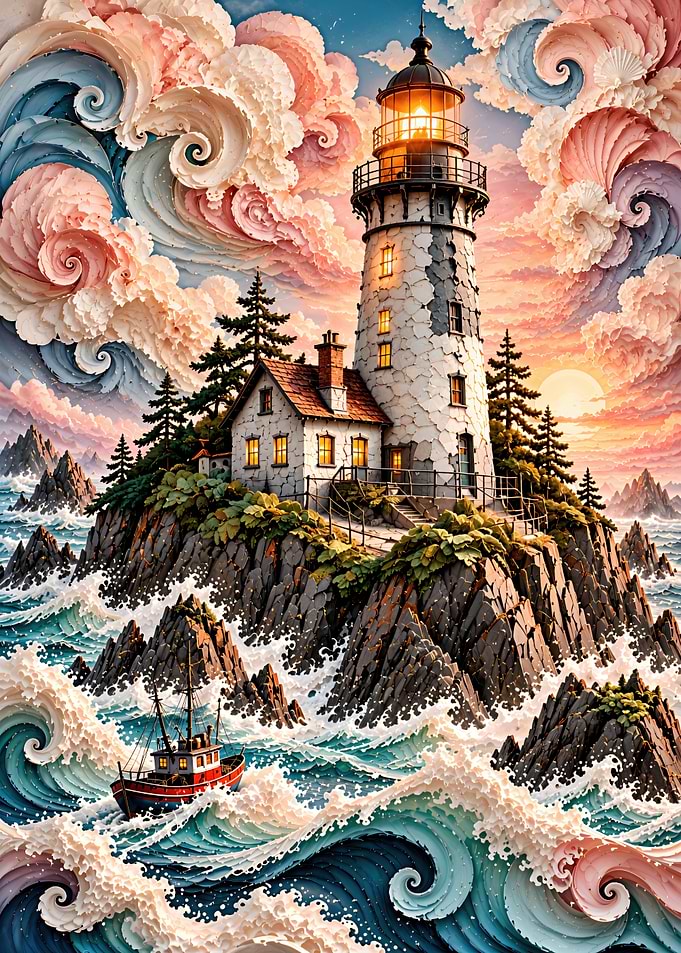 Whimsical Lighthouse on Rocky Island