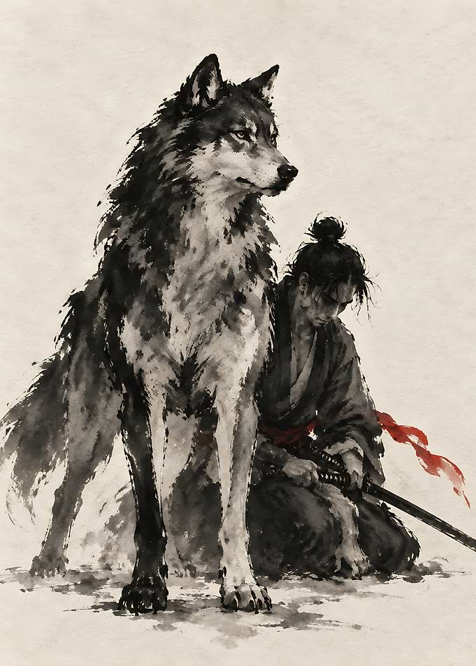 Samurai and Wolf Ink Wash Painting