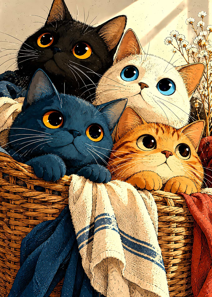 Four Cute Cats in Laundry Basket