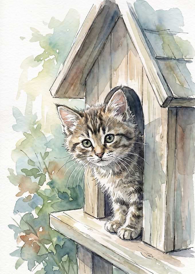 Watercolor Tabby Kitten in Birdhouse