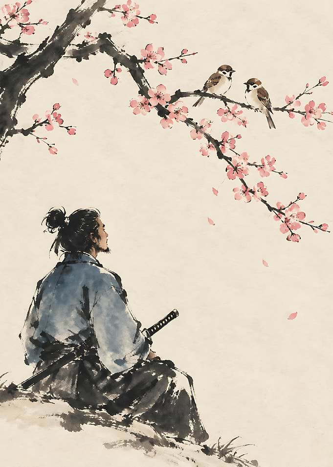 Samurai Resting Under Cherry Blossoms