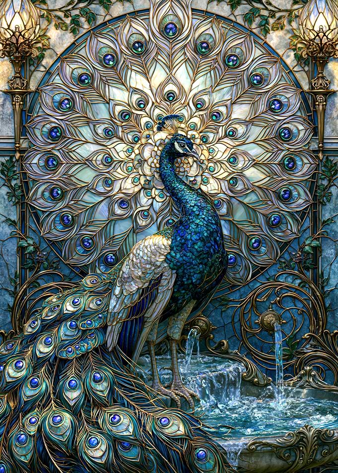 Stained Glass Peacock Fountain Art