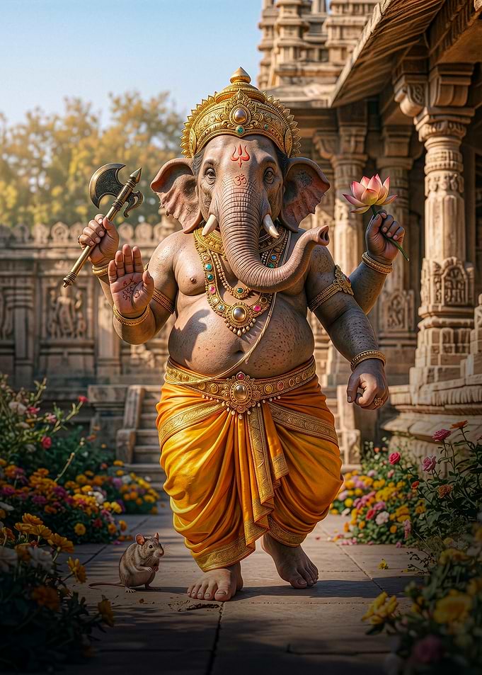 Lord Ganesha Walking in Temple Garden