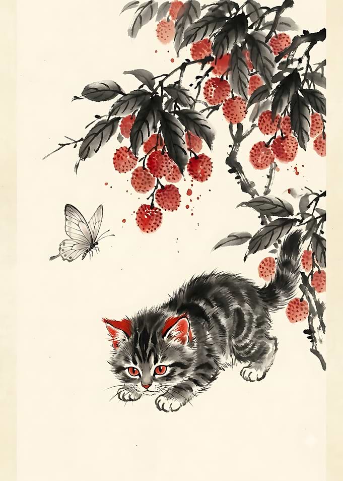 Kitten and Lychee Fruit Ink Painting