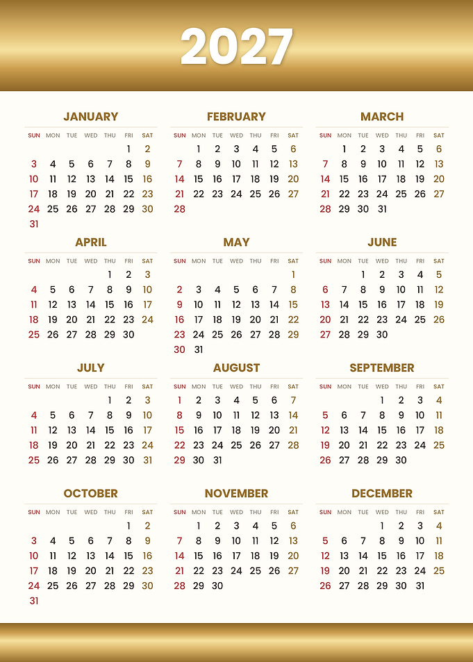 2027 Gold Themed Annual Calendar
