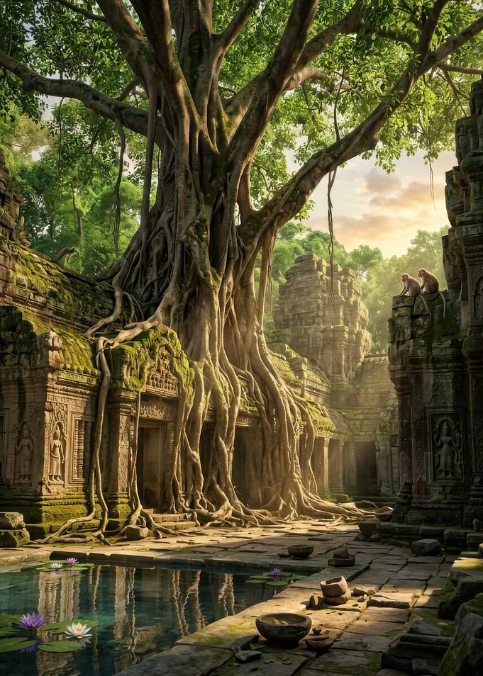Ancient Temple Ruins with Banyan Tree