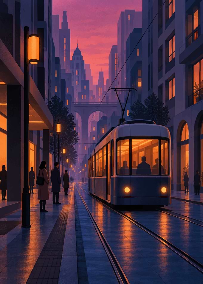 Tram at Sunset in Cityscape