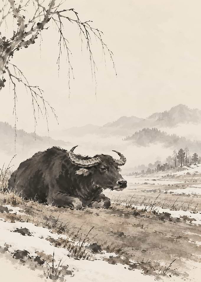 Water Buffalo in Snowy Landscape