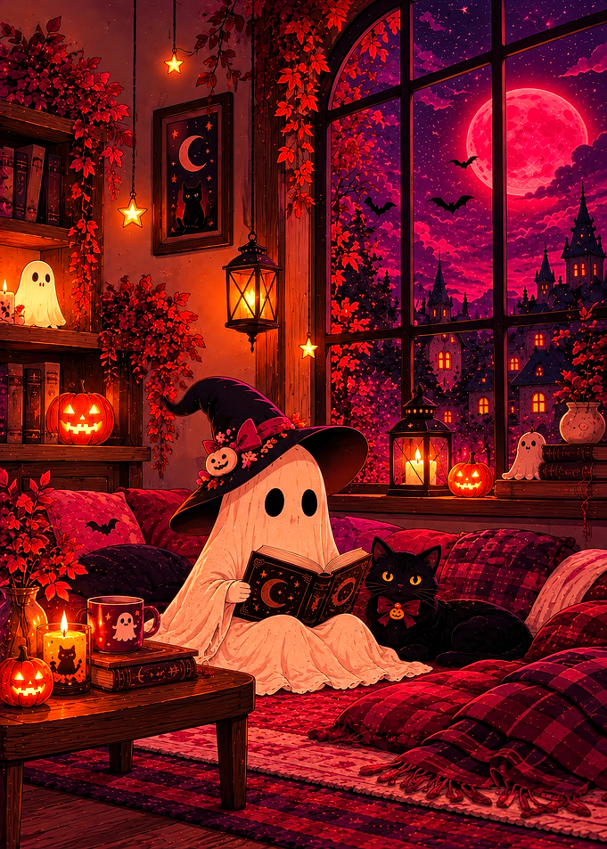 Cozy Ghost Reading with Black Cat