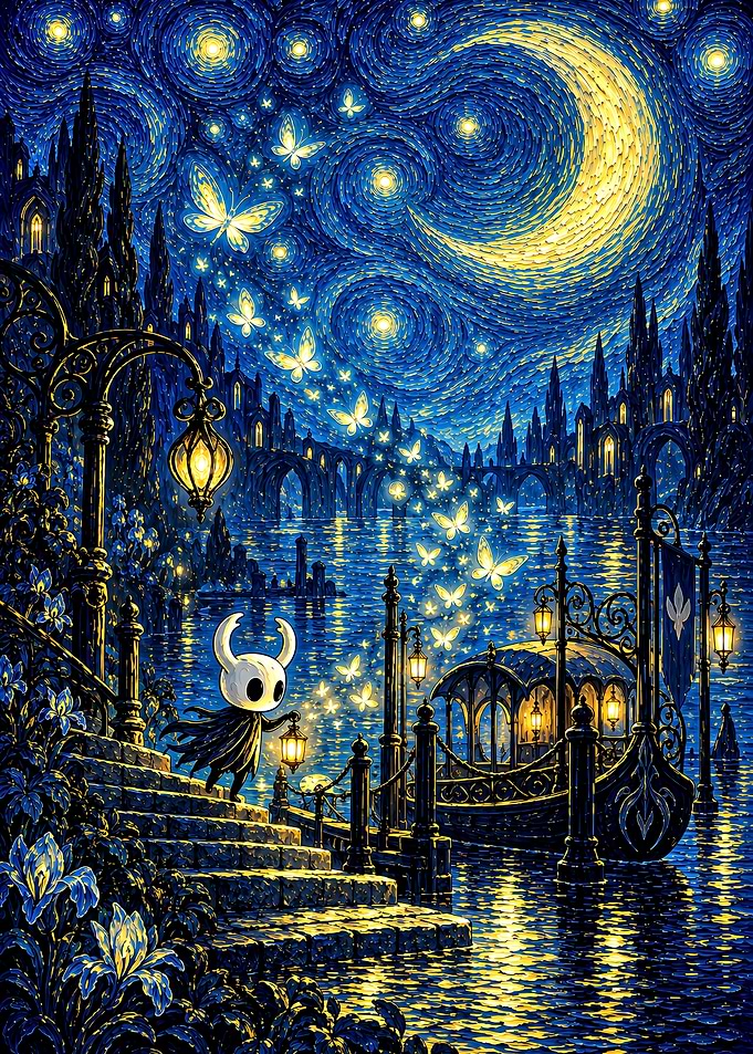 Hollow Knight Starry Night Fantasy Scene