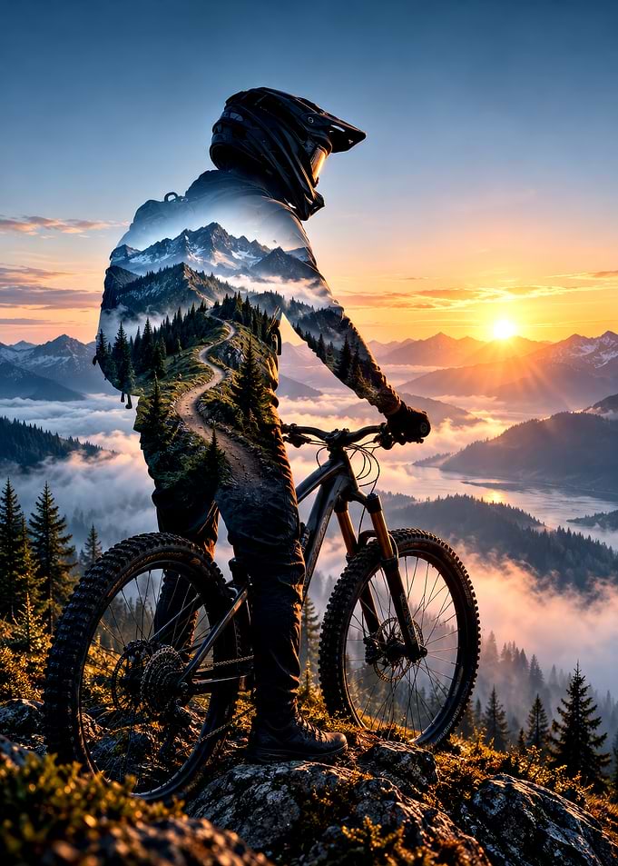Double Exposure Mountain Biker at Sunset
