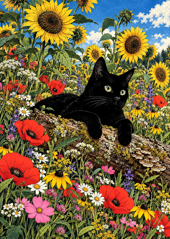 Black Cat in Sunflower Meadow