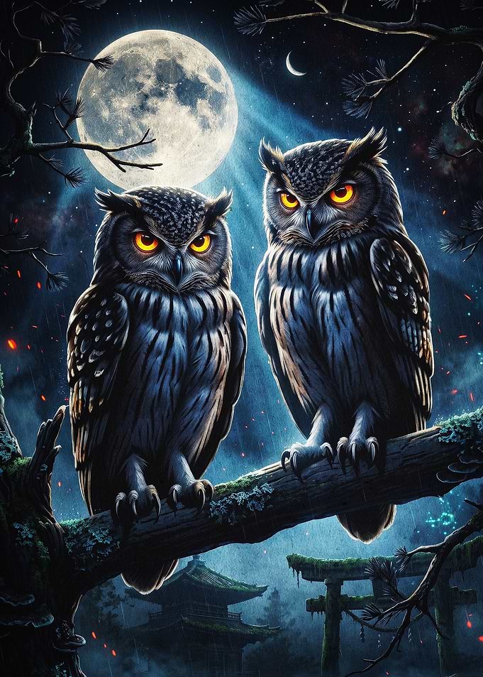 Owl Pair Night Forest Fantasy Art