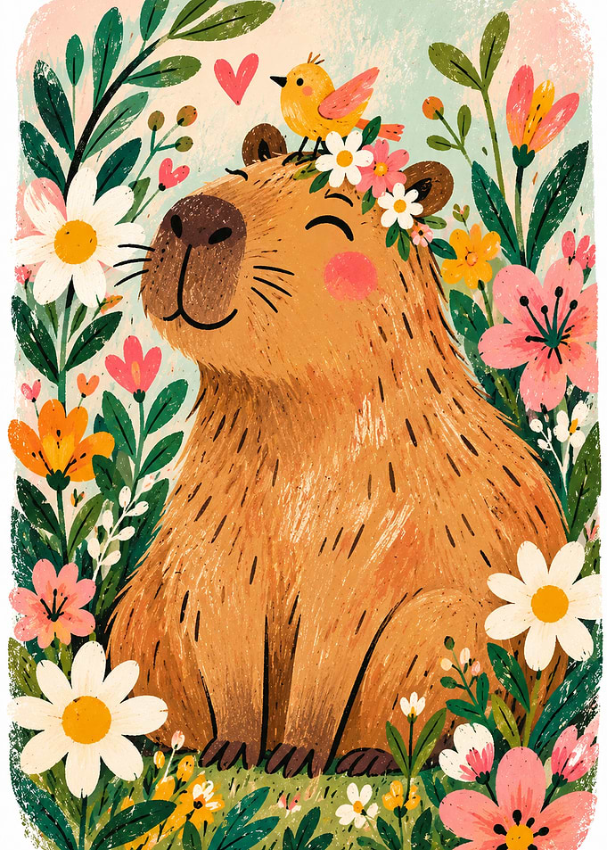 Cute Capybara Floral Wall Art Whimsical Animal Illustration