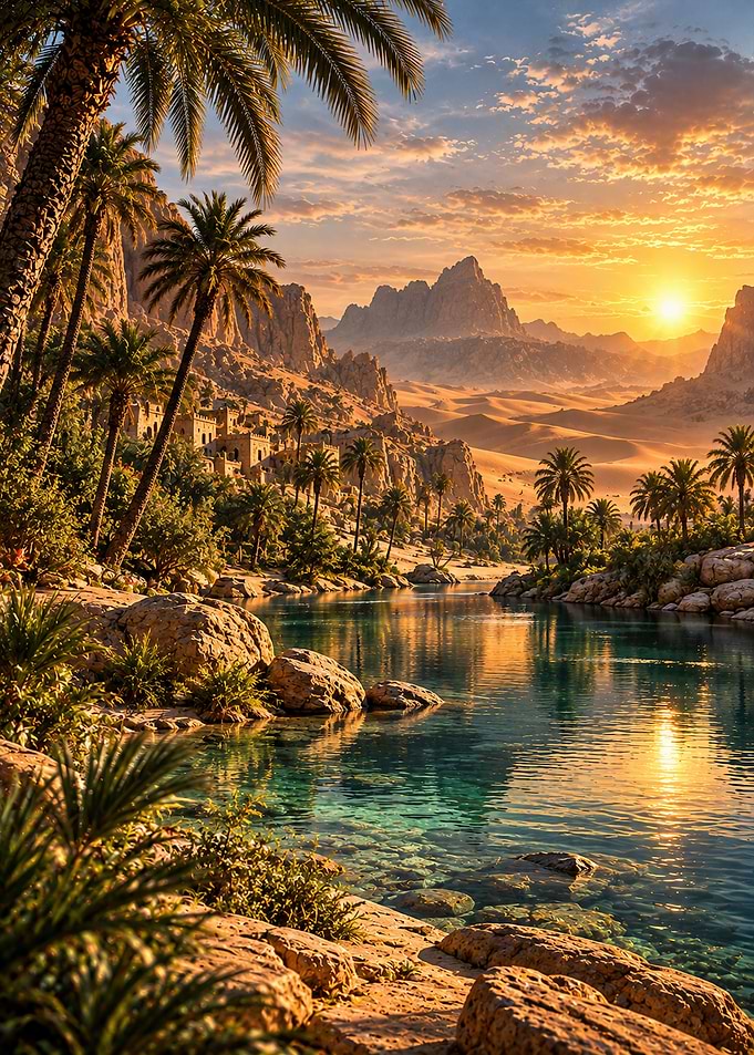 Golden Sunset Over Desert Oasis