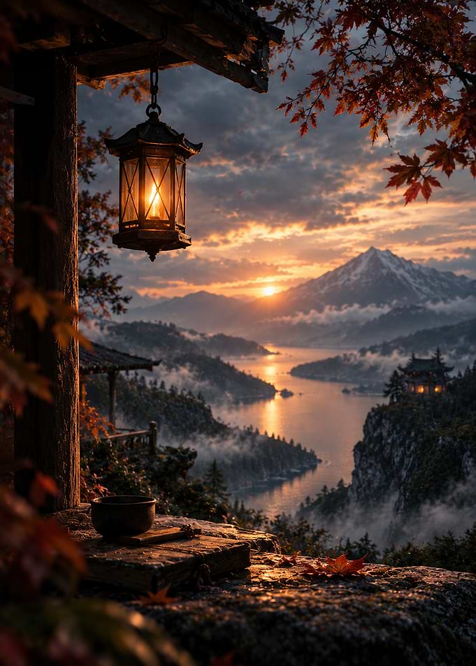 Mountain Sunset with Lantern