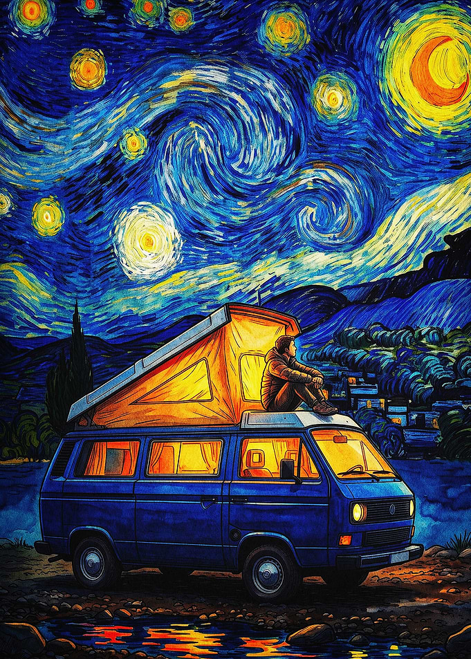 Starry Van Camping Night Art