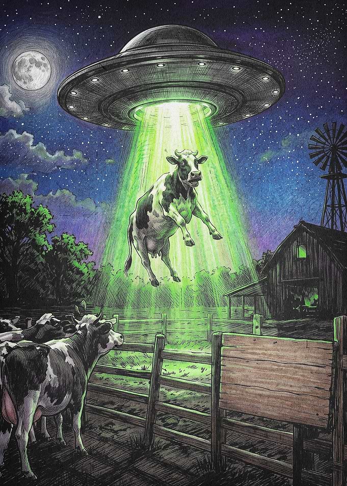 Alien UFO Cow Kidnap Funny Art