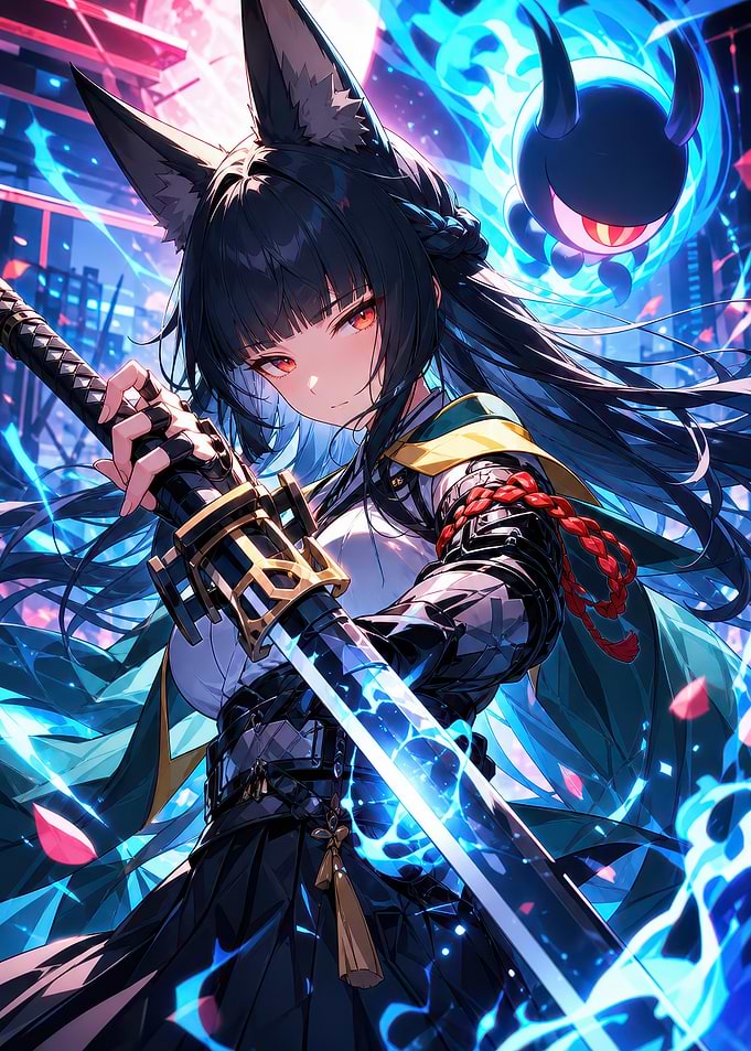 Hoshimi Miyabi Anime Fox Girl Warrior with Katana