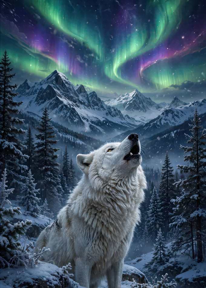 White Wolf Howling Under Aurora Borealis