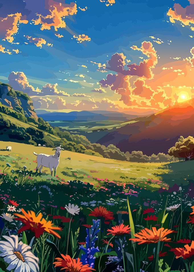Goat in a Vibrant Flower Meadow
