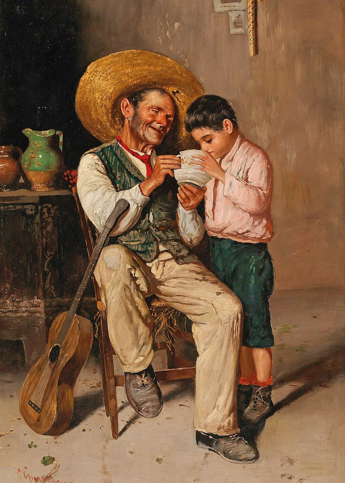 Elderly Man Sharing Drink with Child